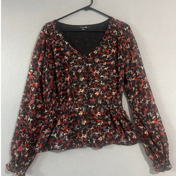 Forever 21 Tops - Forever 21 Blouse Womens Medium Black Floral Button Fron Cinched Waist